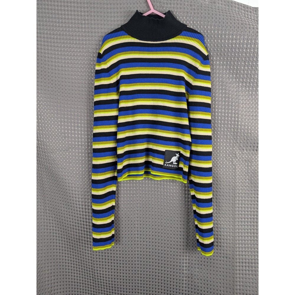 Kangol Kids Striped Rib Knit Turtleneck Crop Sweater Blue Green Black Youth XS